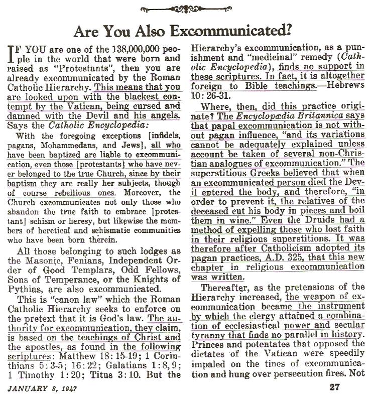 Awake 1947 January 8 page 27 excommunication