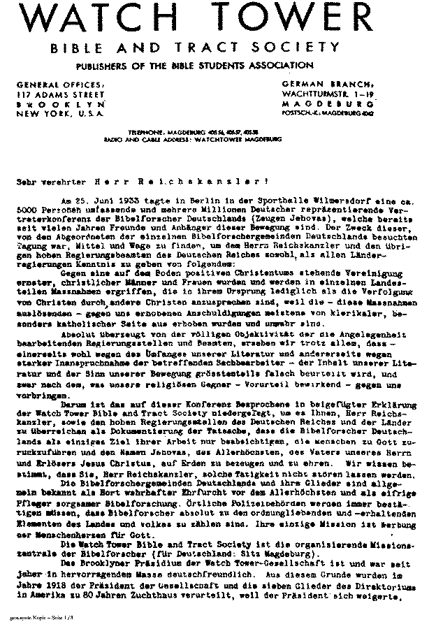 Rutherford's Letter to Hitler German page 1